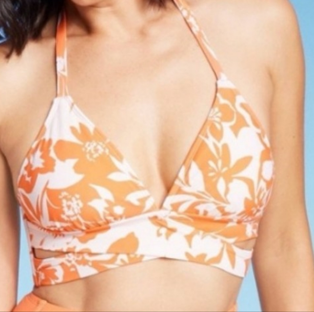 Orange & Cream floral halter faux criss bikini Top-